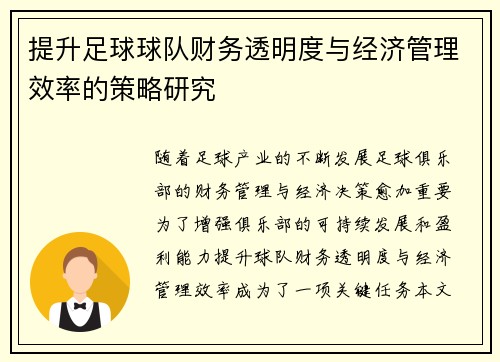 提升足球球队财务透明度与经济管理效率的策略研究 提升足球球队财务透明度与经济管理效率的策略研究