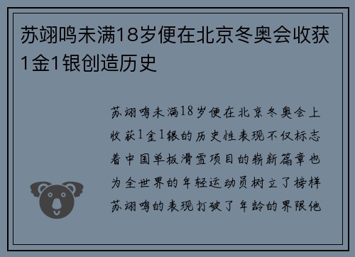 苏翊鸣未满18岁便在北京冬奥会收获1金1银创造历史 苏翊鸣未满18岁便在北京冬奥会收获1金1银创造历史