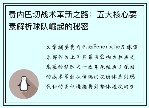 费内巴切战术革新之路：五大核心要素解析球队崛起的秘密